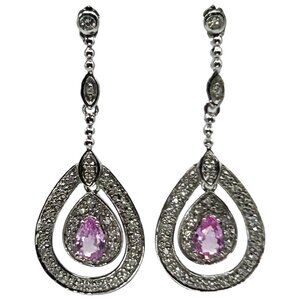 14k White Gold with .25ctw Pear Cut Pink Sapphire & Pave Diamond Dangle Earrings